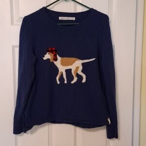 Woolrich sz M, wool blend navy crewneck sweater with hunting hound in plaid cap